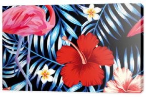 hibiskus flaming plumeria liście palmowe niebieski wzór