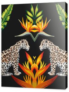 Mirror tigress tropical flowers and leaves black background