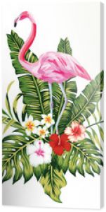 Composition of pink flamingo tropical leaves and flowers white background