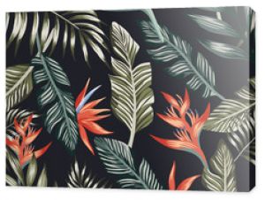 Palm leaves tropical flowers seamless black background