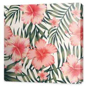 hibiscus pink palm leaves dark green pattern