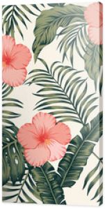 Tropical leaves and hibiscus abstract colors seamless white background