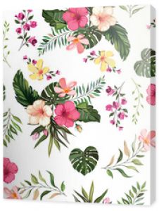 Floral tropical  seamless pattern background with exotic flowers, jungle leaves, monstera leaf, orchid, bird of paradise flower white background