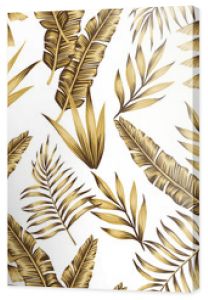 Gold tropical leaves seamless white background