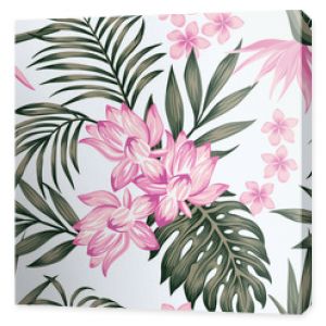 Exotic composition leaves flowers white background seamless