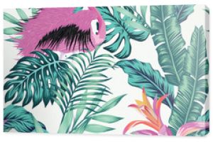 Exotic bird pink flamingo leaves seamless white background