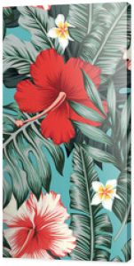 Piękne czerwone i białe egzotyczne kwiaty tropikalne Hibiscus plumeria frangipani i zielone palmowe liście paproci bananowej wektor p