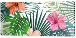 Bezszwowy egzotyczny wzór z liśćmi monstery tropikalnych palm bananowych i różowo-beżowym i różowym kwiatem hibiskusa na białym tle