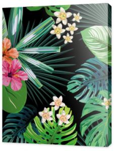 Różowy, beżowy i różowy kwiat hibiskusa na tle liści palmowych bananów monstera i plumerii w zielonym hawajskim stylu wektorowym