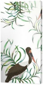 Piękny egzotyczny ptak bocian na tle tropikalnych liści bez szwu wektor wzór białej tapety