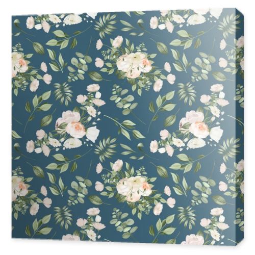 Seamless pattern of white flower bouquets and greenery, illustration on dark blue background