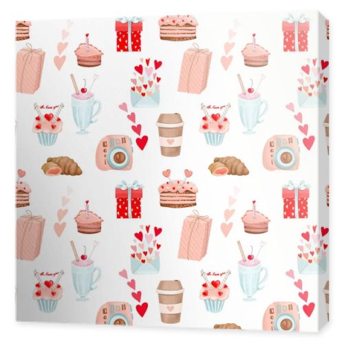 Seamless pattern of romantic food and bakery to Valentine's Day, hand drawn illustration on white background