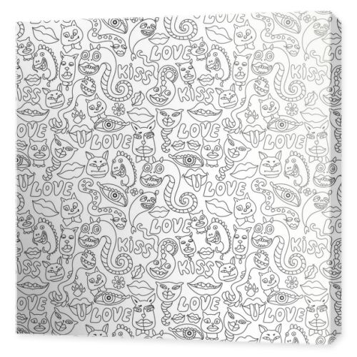 Seamless pattern of dragons, cat and dog faces, lips and Love. Hippie print, coloring book page for adults and children