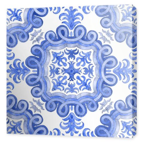 Seamless pattern of watercolor painted blue mosaic tiles with floral ornaments in Mediterranean majolica ceramic painting style on a white background. Wallpaper dcor, batik print