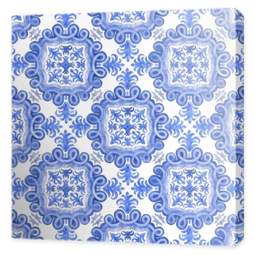 Seamless pattern of watercolor painted blue mosaic tiles with floral ornaments in Mediterranean majolica ceramic painting style on a white background. Wallpaper dcor, batik print