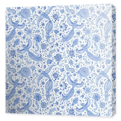 Floral seamless pattern of blue watercolor painted fantasy peacock bird, paisley elements, fairy tale flower, foliage on a white background. Textile print, wallpaper, wrapping paper