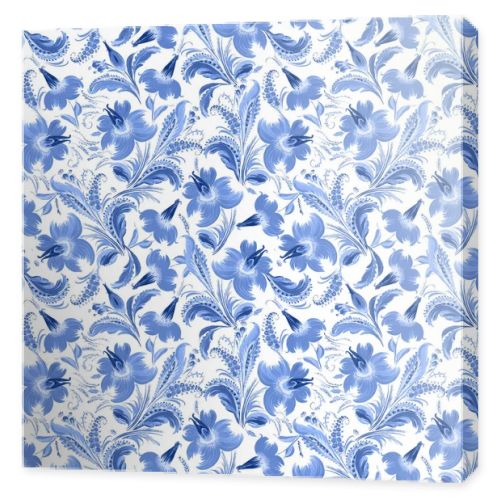 Floral seamless pattern in Ukrainian folk painting style Petrykivka. Blue flowers and leaves isolated on a white background