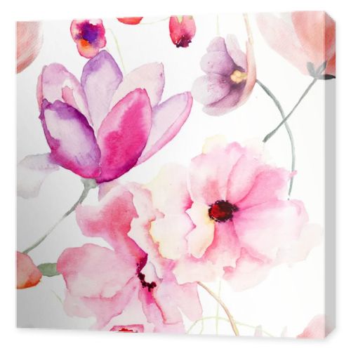 Watercolor seamless pattern with Pink flowers