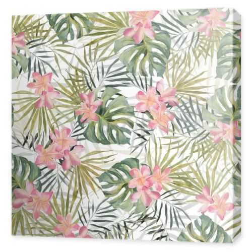 Strelitzia, palm tree, monstera leaves. Tropical exotic bright seamless pattern. Watercolor hand made botanical print. On white background. For summer beach textile, wallpaper, wrapping paper.