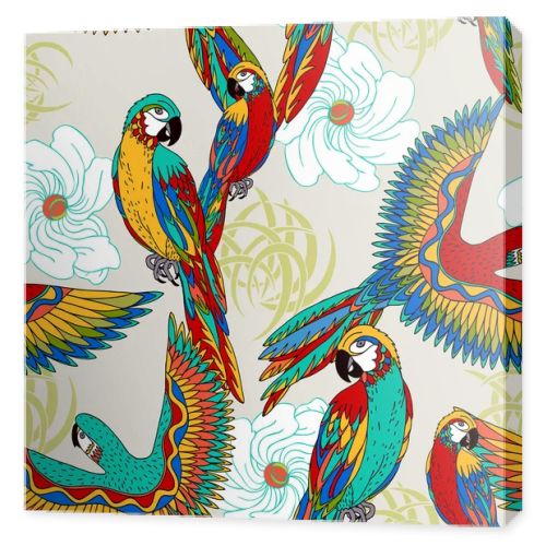 Vintage, colorful background with parrots, theme exotic beac