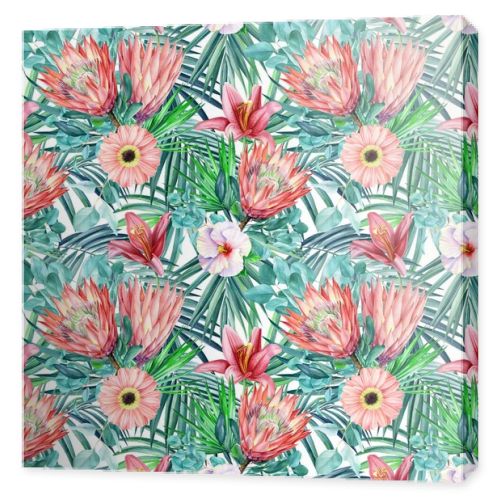 Seamless patterns. Palm leaves, tropical flowers gerbera, hibiscus on white background, watercolor botanical.