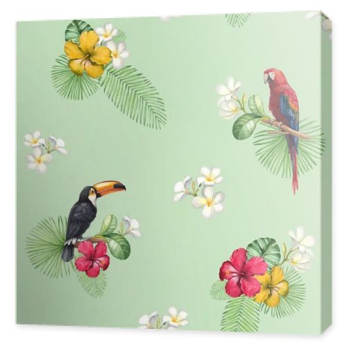 Watercolor toucan and parrot. Seamless pattern