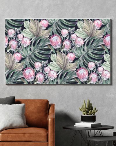 Seamless watercolor pattern with herbarium and dried protea flowers