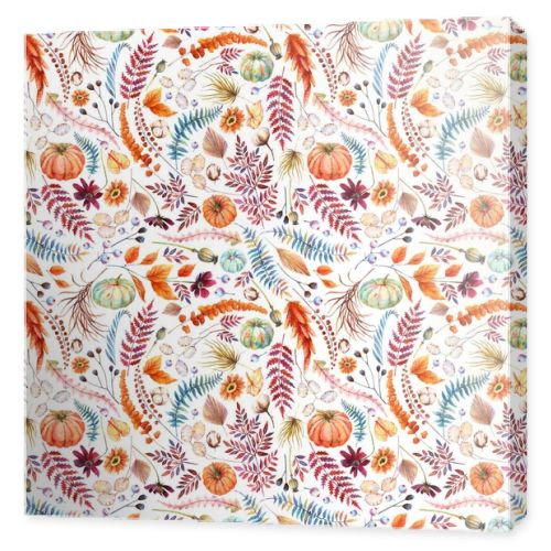 Autumn Floral Seamless Pattern. Watercolor orange, blue pumpkins. Rustic dried palm leaf, wild grass and field flowers, poppy heads, Lunaria, cotton, brown fern