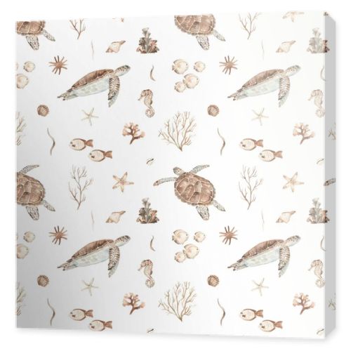 Watercolor seamless pattern with underwater brown world with sea turtles, seashells, fish, corals, sea stars, seashells on a white background