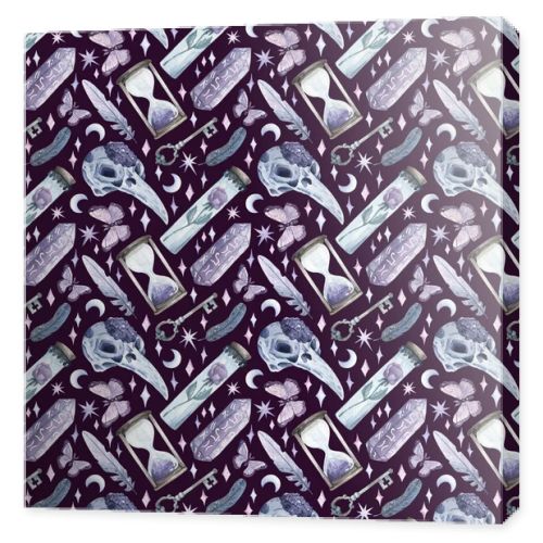 Dark watercolor pattern on the theme of witchcraft. Hand-drawn background. Skull, magic, crystals. Texture for design, textiles, decoration, wallpaper, scrapbooking, wrapping paper, fabrics.