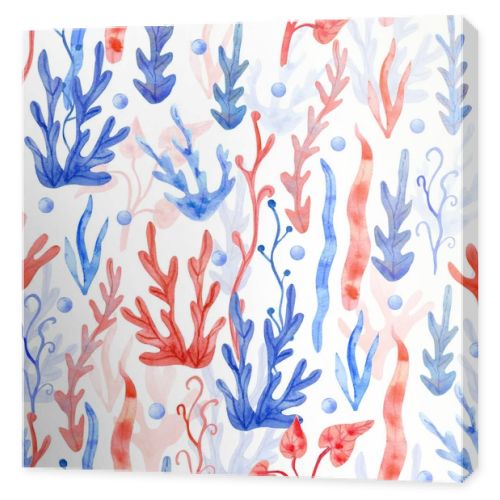 Watercolor seamless pattern with seaweeds and pearls on white background. Underwater plant hand painted illustration. Red and blue colors.