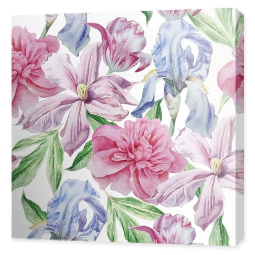 Seamless pattern with spring flowers. Peony. Clematis. Tulip. Iris. Watercolor.