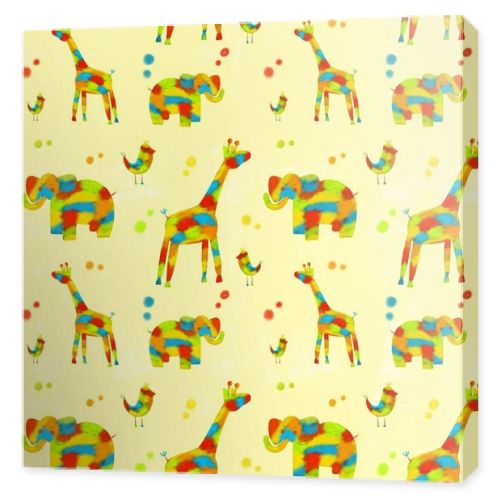 Seamless pattern with colorful animals, elephant, giraffe, birds.The illustration is drawn by hand, with curved lines. Design for clothing, fabric and other items.