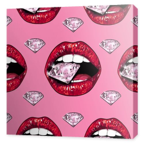 Bright lips holding a sparkling brilliant. Seamless pattern. Realistic graphic drawing. Background. Pink color