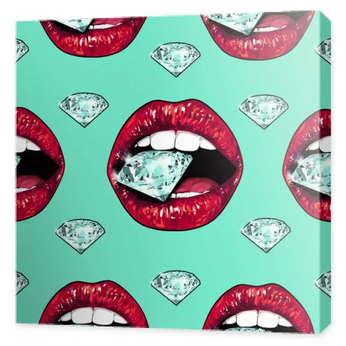 Bright lips holding a sparkling brilliant. Seamless pattern. Realistic graphic drawing. Background. Mint color