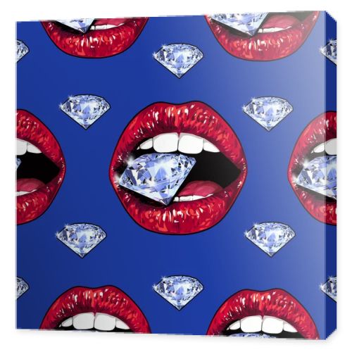 Bright red lips holding a sparkling brilliant. Seamless pattern. Realistic graphic drawing. Background. Blue color