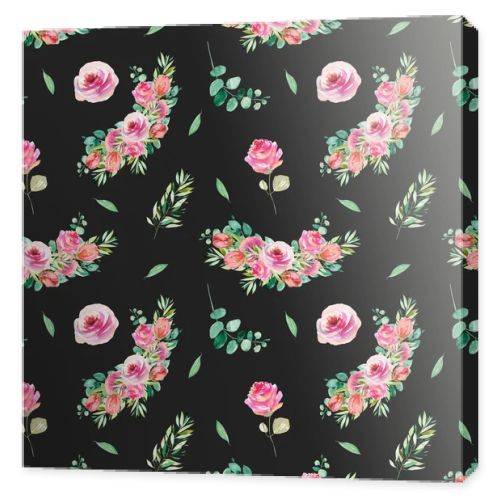 Floral seamless pattern of watercolor pink roses, greenery and eucalyptus branches, illustration on dark background