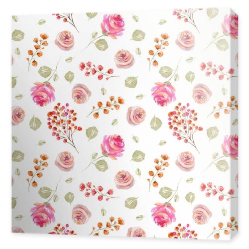 Watercolor tender pink roses and green rose leaves seamless pattern, illustration on white background