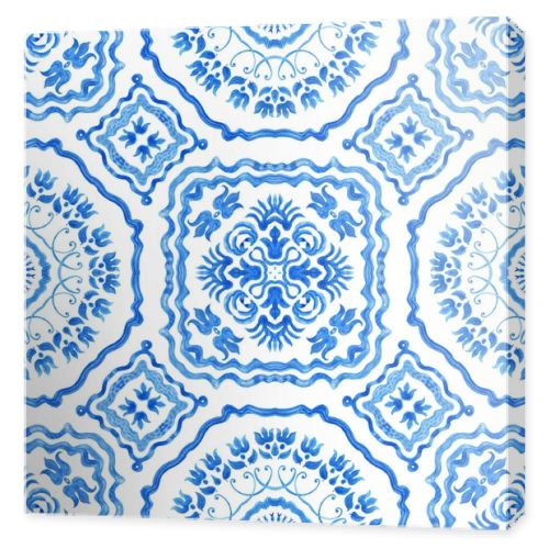 Watercolor painted indigo blue damask seamless pattern on a white background.Spanish tile with hand drawn Baroque and floral ornaments in Mediterranean majolica ceramic painting style. Batik wallpaper