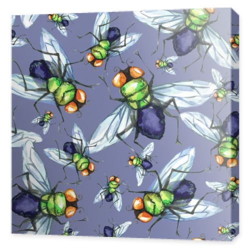 Watercolor seamless pattern, flock of flies. Halloween holiday illustration. Funny insects. Grunge background. Can be use in design, posters, invitations, card.