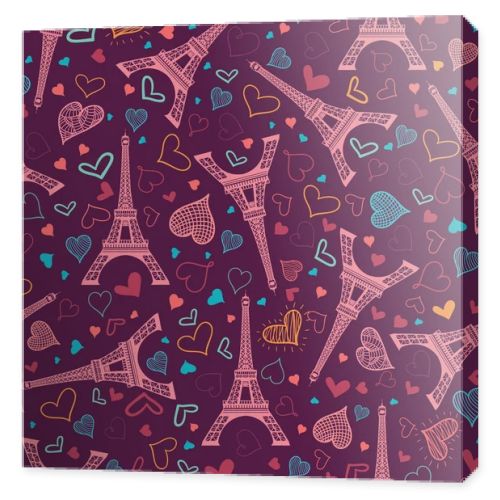 Vector Pink Eifel Tower Paris Seamless Repeat Pattern Surrounded By St Valentines Day Hearts Of Love. Perfect for travel themed postcards, greeting cards, wedding invitations.