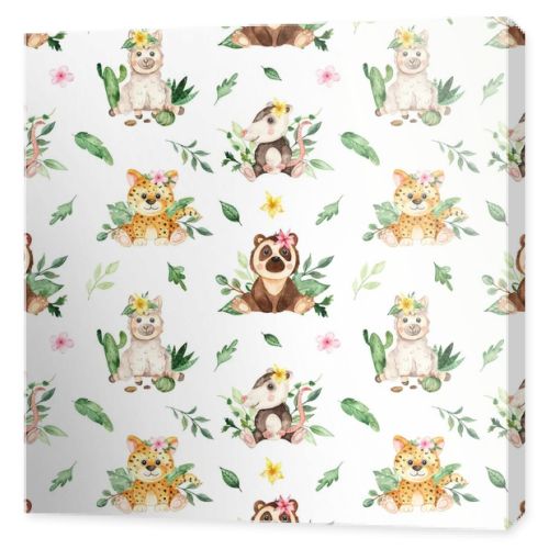 Cute animal jungle kids in tropical plants on a white background. Watercolor seamless pattern