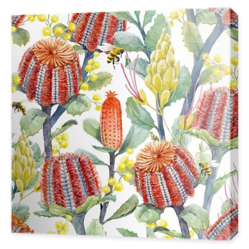 Watercolor australian banksia floral pattern