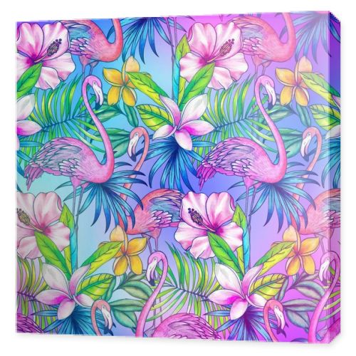 seamless pattern with tropical florals and flamingo.