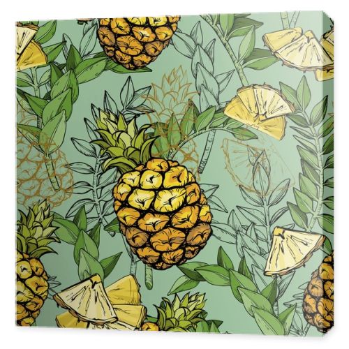 Seamless Pattern with Pineapples and Tropical Leaves