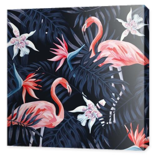 flamingo strelitzia palm leaves dark background pattern