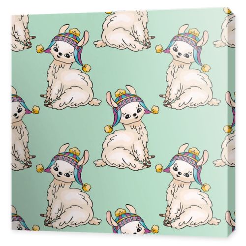 Seamless pattern with the image of cute llamas in doodle style. Colorful vector background