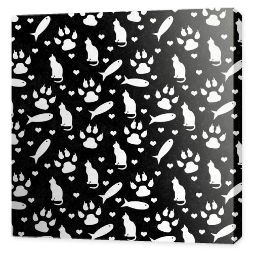 Black and white cat,  paw prints, fish, and hearts seamless and repeat pattern background with texture