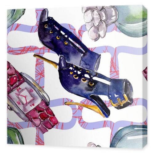 Parfume, watch, shoes and bag sketch fashion glamour illustration in a watercolor style. Watercolour clothes accessories set trendy vogue outfit. Aquarelle fashion sketch for seamless pattern.