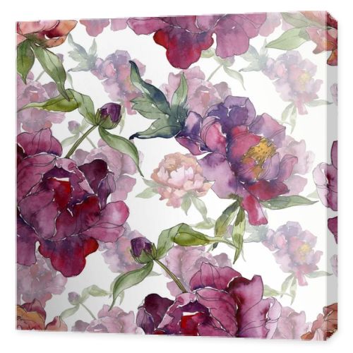 Purple peonies watercolor illustration set. Seamless background pattern. Fabric wallpaper print texture.